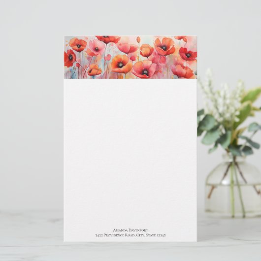 野原に咲く赤い水色のケシ 便箋 (スタンド正面)