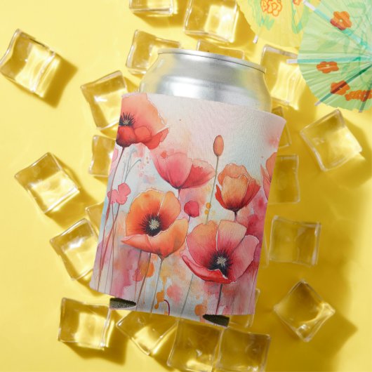 野原に咲く赤い水色のケシ 缶クーラー (インサイチュ 夏)