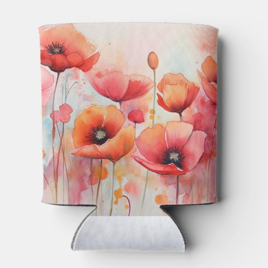 野原に咲く赤い水色のケシ 缶クーラー