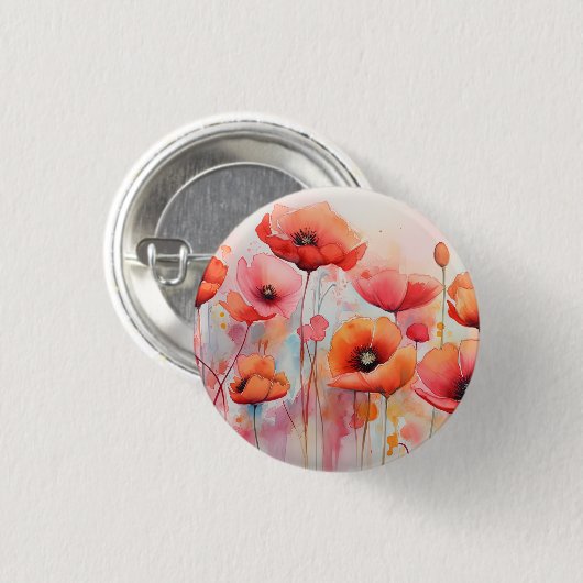 野原に咲く赤い水色のケシ 缶バッジ (正面&裏面)