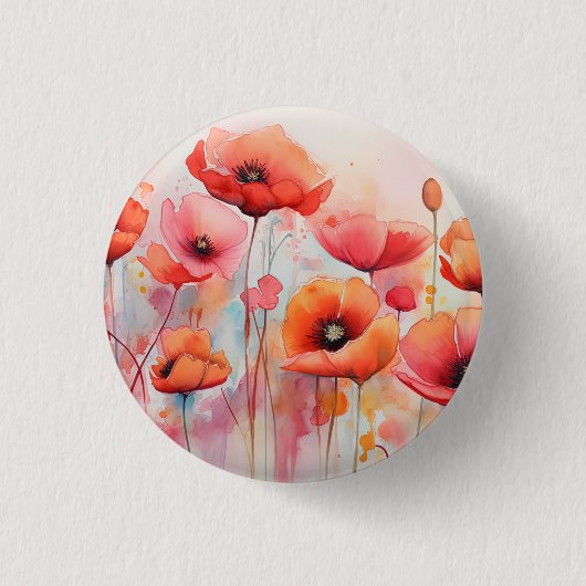 野原に咲く赤い水色のケシ 缶バッジ (正面)