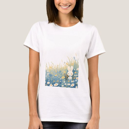 野原に隠れる白ウサギ Tシャツ (正面)