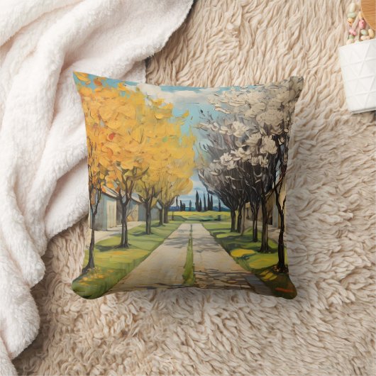 野原のある路地の美しい花の木#2 クッション (ブランケット)