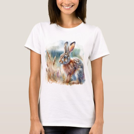 野原のウサギ 水彩画アート Tシャツ (正面)