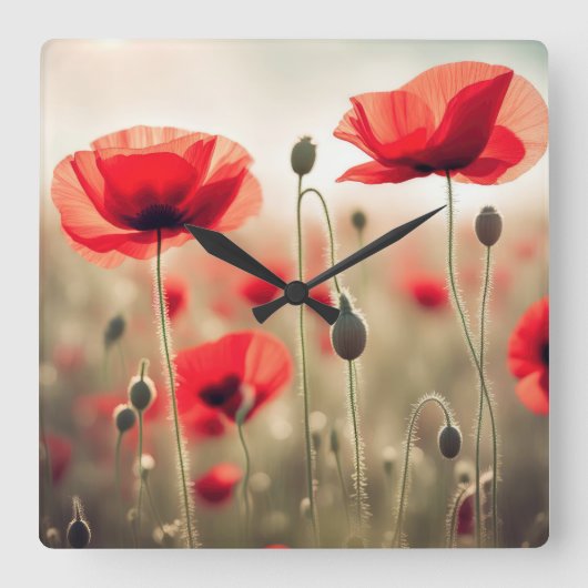 野原のケシの赤 スクエア壁時計 (正面)