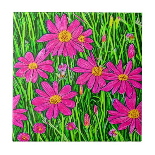 野原のフクシアピンクの野の花 タイル (正面)