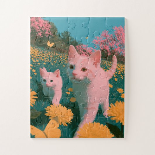 野原の春の子猫たちのイラスト ジグソーパズル (縦)