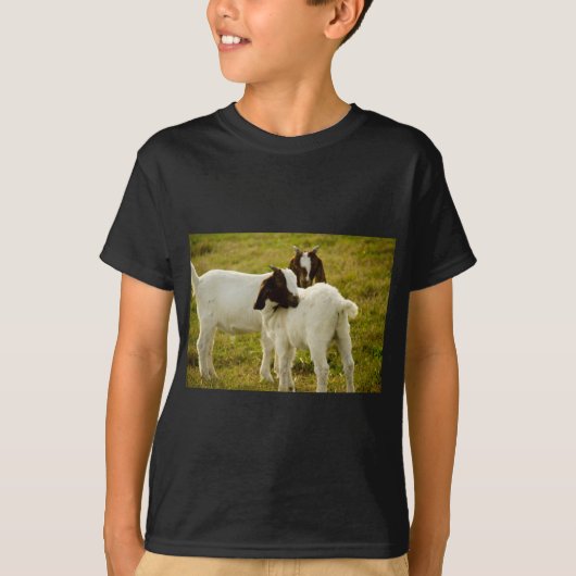 野原の農場の動物写真にいる2頭の愛らしいボアー種のヤギ Tシャツ (正面)