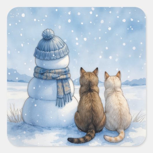 野原の雪だるまのそばに座る猫たち スクエアシール (正面)