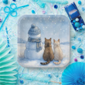 野原の雪だるまのそばに座る猫たち ペーパープレート (パーティー)
