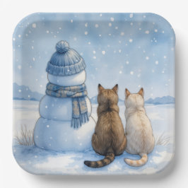 野原の雪だるまのそばに座る猫たち ペーパープレート