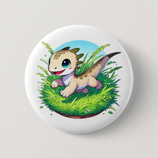 野原を走通して愛らしいトカゲ 缶バッジ (正面)