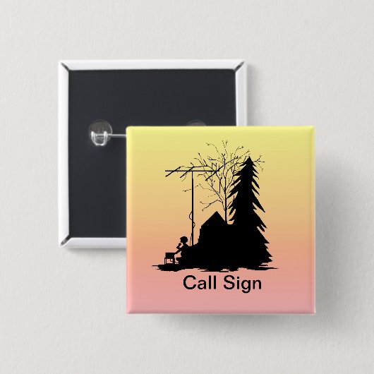 野外活動の日オペレータシルエットの日の出ボタン 缶バッジ (正面&裏面)