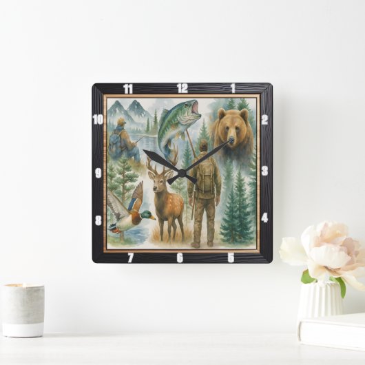 野外野生生物ハンター漁師 スクエア壁時計 (ホーム)