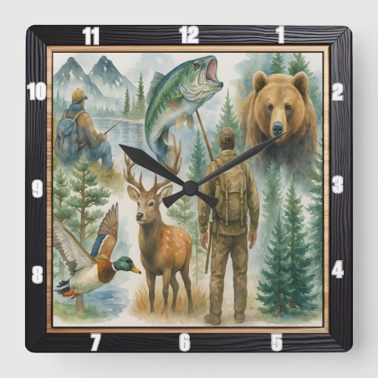 野外野生生物ハンター漁師 スクエア壁時計 (正面)