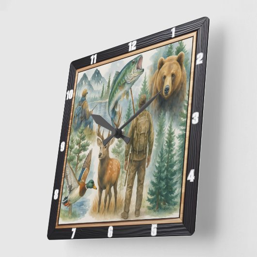 野外野生生物ハンター漁師 スクエア壁時計 (傾斜)