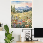 野山のポピー自然のシーン ポスター (ホームオフィス)