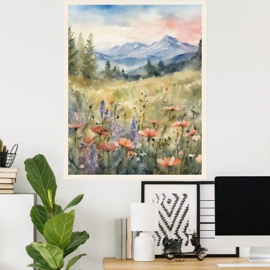 野山のポピー自然のシーン ポスター (ホームオフィス)