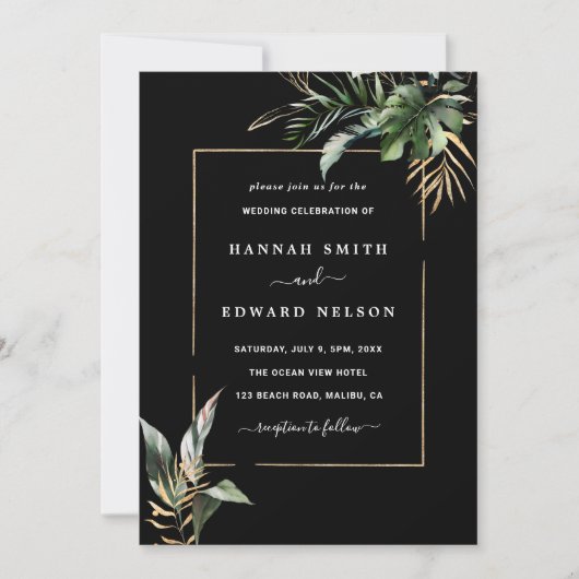 野性の熱帯結婚の葉の黒写真 招待状 (正面)