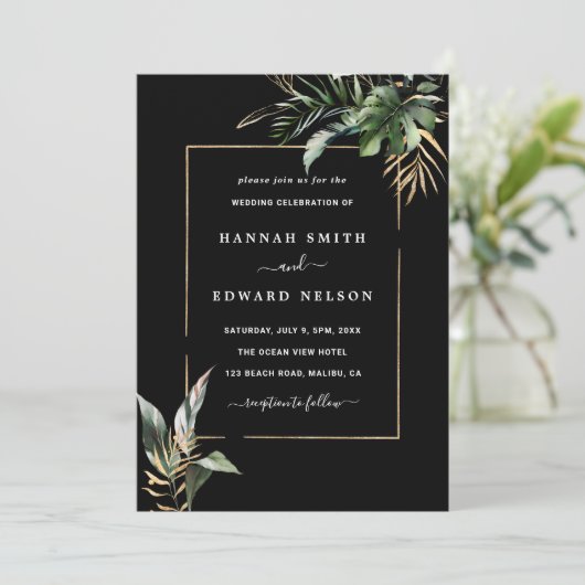 野性の熱帯結婚の葉の黒写真 招待状 (スタンド正面)