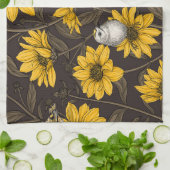 野性ヒマワリと金山鳥/黄色 キッチンタオル (折り畳み)