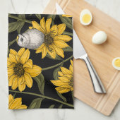 野性ヒマワリと金山鳥/黄色 キッチンタオル (四つ折り)