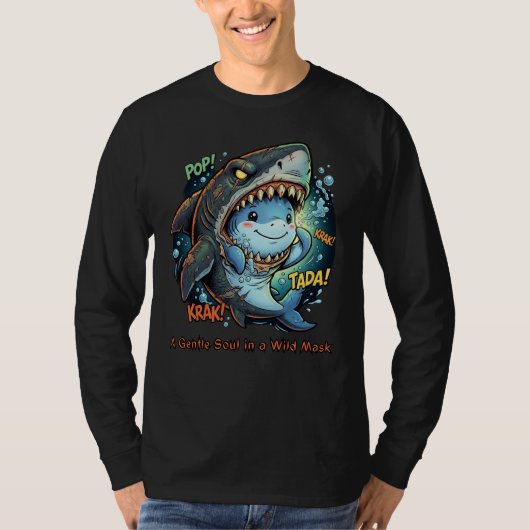 野性的なマスクの中の優しい心 キュートなサメ Tシャツ (正面)