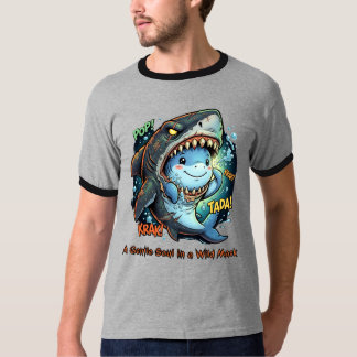 野性的なマスクの中の優しい心 キュートなサメ Tシャツ
