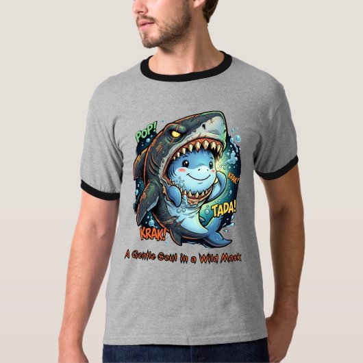 野性的なマスクの中の優しい心　キュートなサメ Tシャツ (正面)
