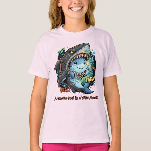 野性的なマスクの中の優しい心 キュートなサメ Tシャツ (正面)