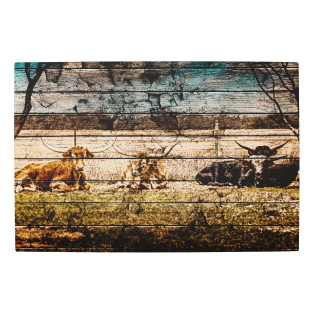 野木材に敷設されたロングホーン動揺して群 メタルプリント (正面)