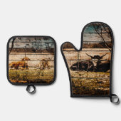 野木材に敷設されたロングホーン動揺して群 鍋つかみ&鍋敷きセット (正面)