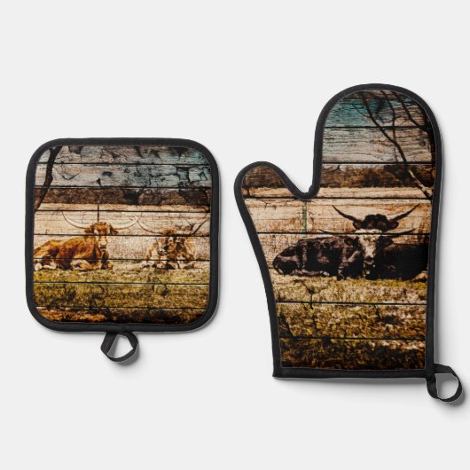 野木材に敷設されたロングホーン動揺して群 鍋つかみ&鍋敷きセット (正面)