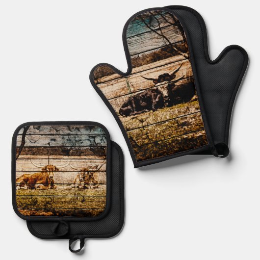 野木材に敷設されたロングホーン動揺して群 鍋つかみ&鍋敷きセット (正面/裏面)