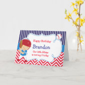 野球かわいいブロンド男の子の誕生日パーティー カード (黄色い花)