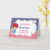 野球かわいい茶色の髪の男の子の誕生日パーティー カード (黄色い花)