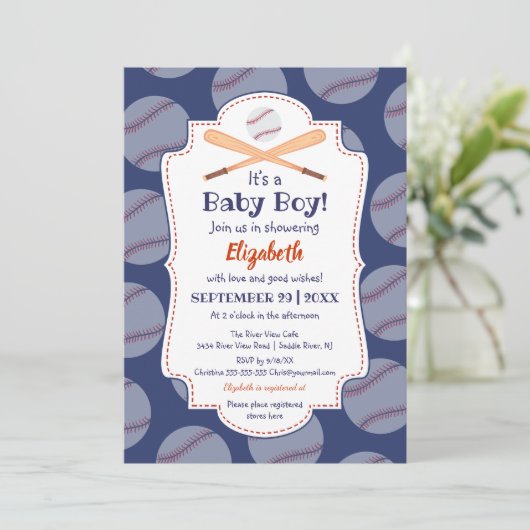 野球こうもりボールスタンプその男の赤ちゃんベビーシャワー 招待状 (スタンド正面)