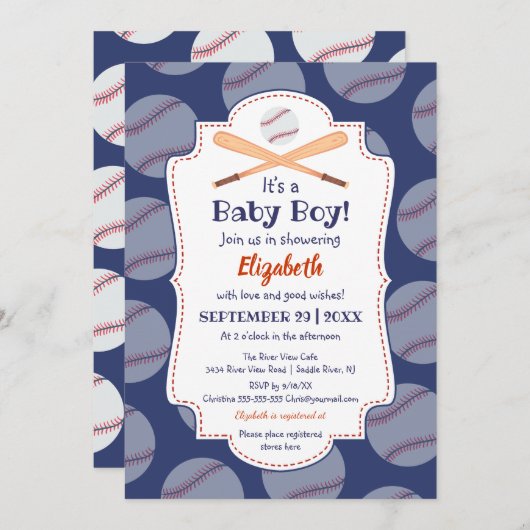 野球こうもりボールスタンプその男の赤ちゃんベビーシャワー 招待状 (正面/裏面)
