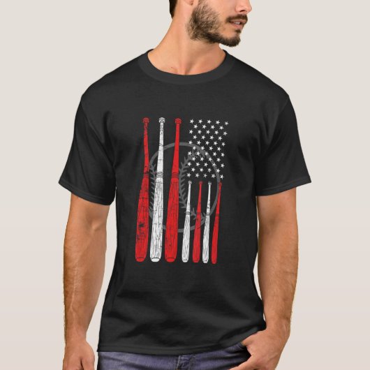 野球こうもり米州旗キャッチャー野球遊球 Tシャツ (正面)