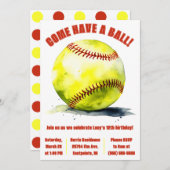 野球で遊ぼう！ ソフトボール テーマの誕生日パーティー 招待状 (正面/裏面)