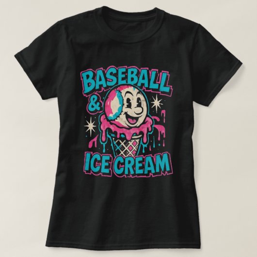 野球とアイスクリームのレトロブート風デザイン Tシャツ (デザイン正面)