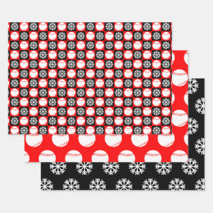 野球とスノーフレークレッドとブラッククリスマス ラッピングペーパーシート