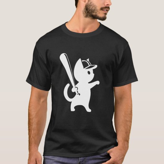 野球と猫のシルエット 楽しいスポーツデザイン Tシャツ (正面)