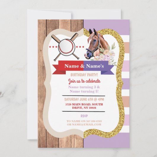 野球と馬のジョイントボーイガール誕生日招待状 招待状 (正面)