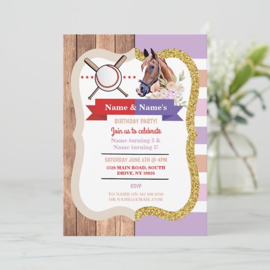 野球と馬のジョイントボーイガール誕生日招待状 招待状 (スタンド正面)