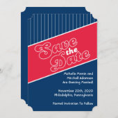 野球にちなんだ結婚式の日程お知らせ（赤 / ネイビーブルー） 招待状 (正面/裏面)