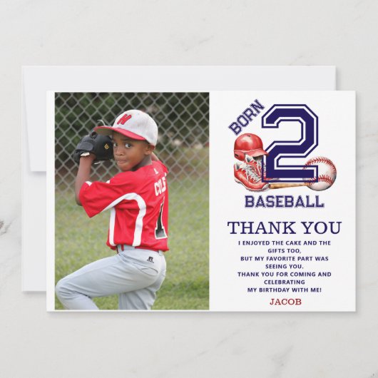 野球に生まれて | スポーツテーマの男の子の2歳の誕生日 サンキューカード (正面)