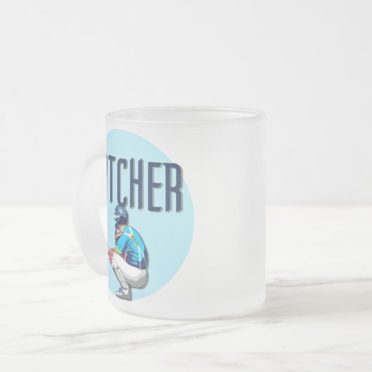 野球のキャッチャーのTシャツおよびギフト フロストグラスマグカップ (正面左)