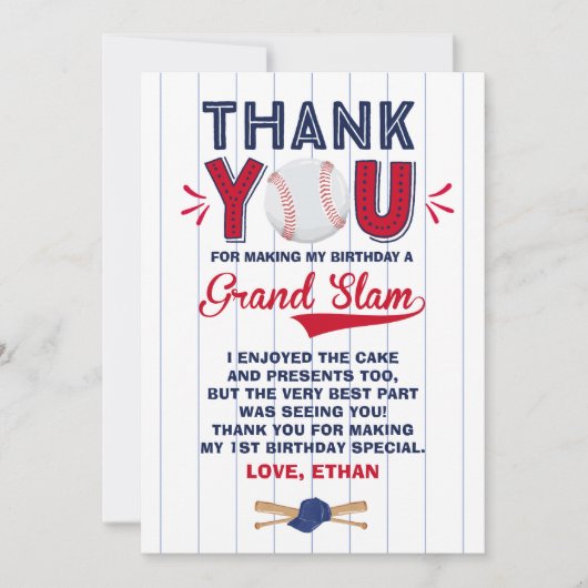 野球のサンキューカードの野球の第1誕生日 サンキューカード (正面)