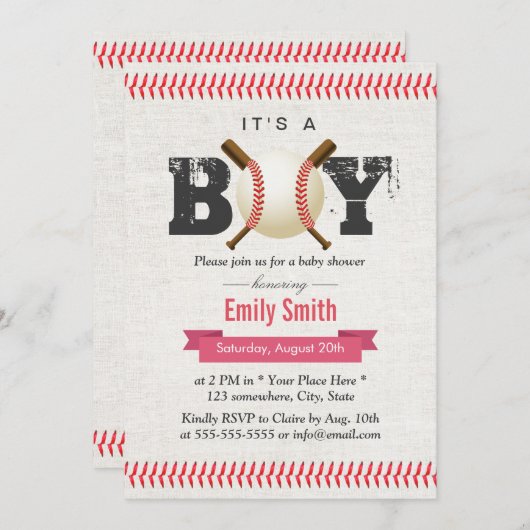 野球のステッチ男の子スポーツの赤ちゃんシャワー 招待状 (正面/裏面)